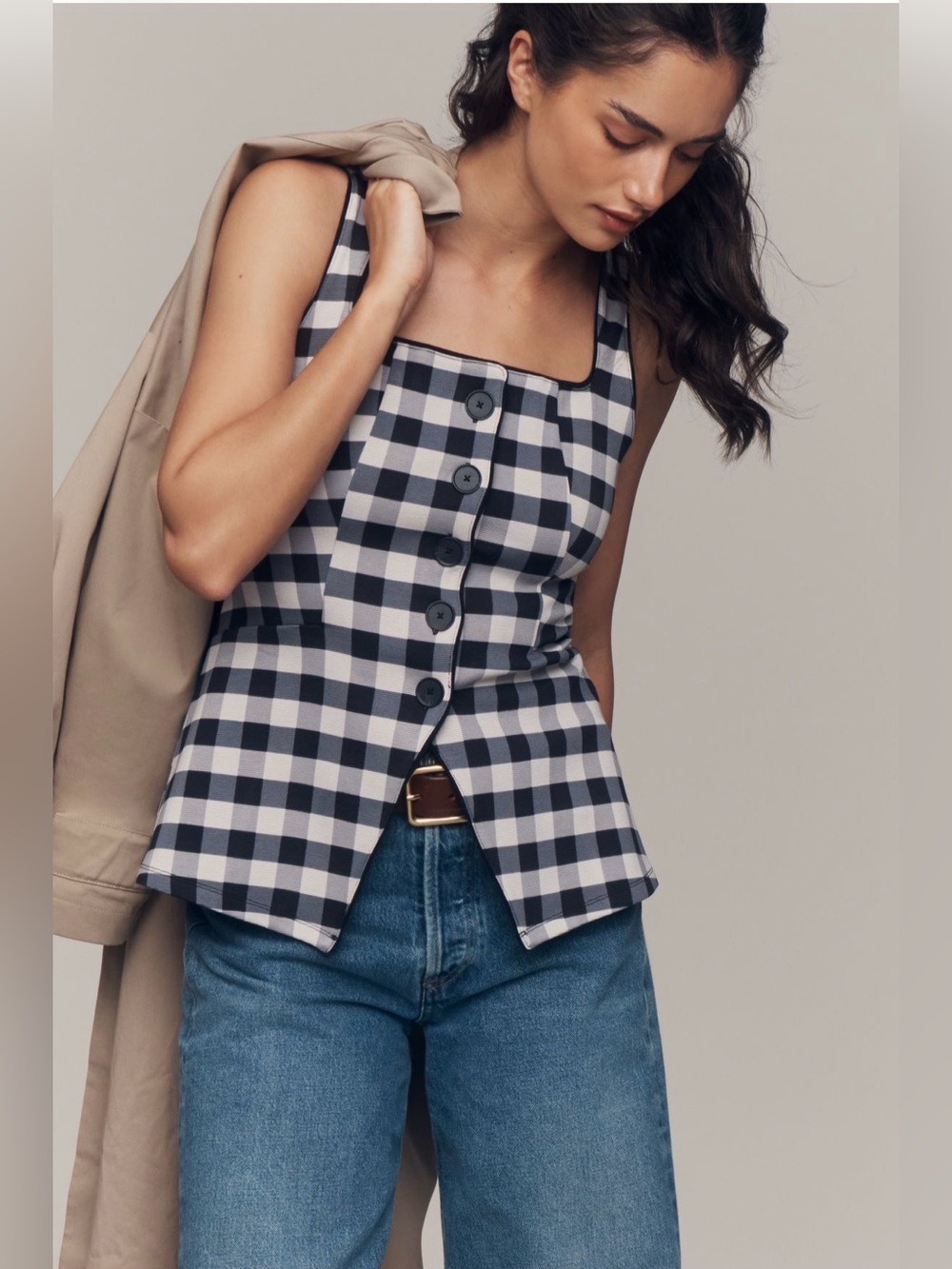 Anthropologie Maeve Square-Neck Button-Front Tank Gingham Vest